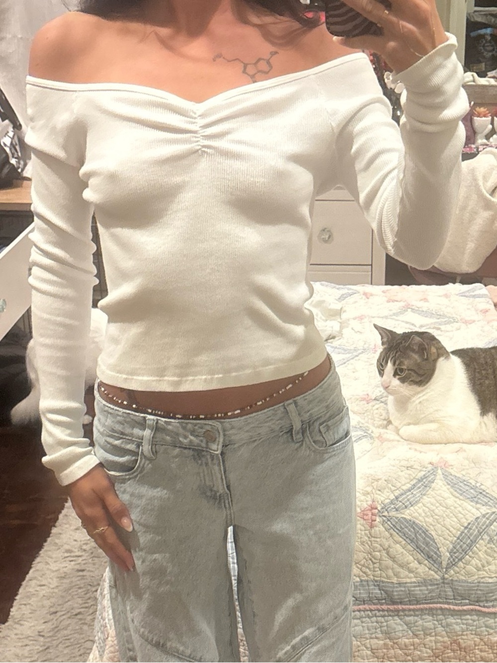 Brandy Melville White Off-Shoulder Ruched Long Sleeve Top